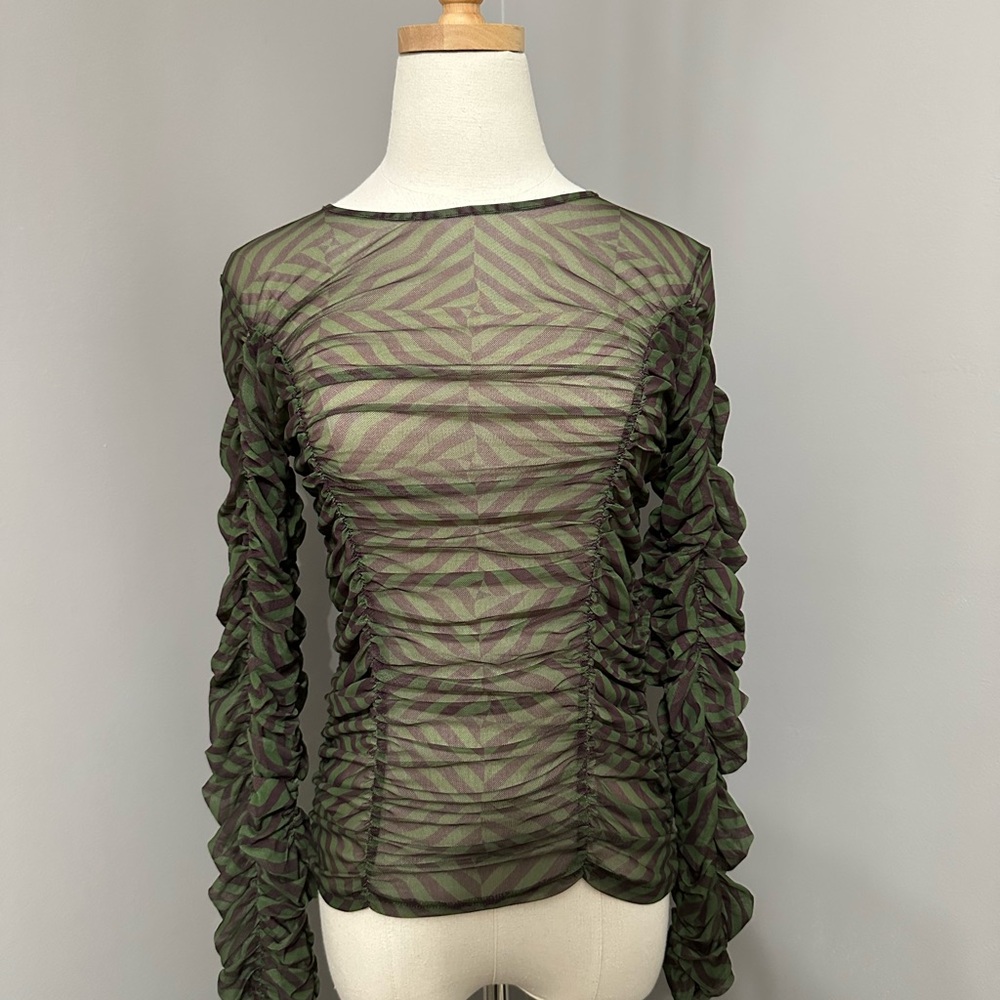 Zara Sheer Green and Brown Long Sleeve Top